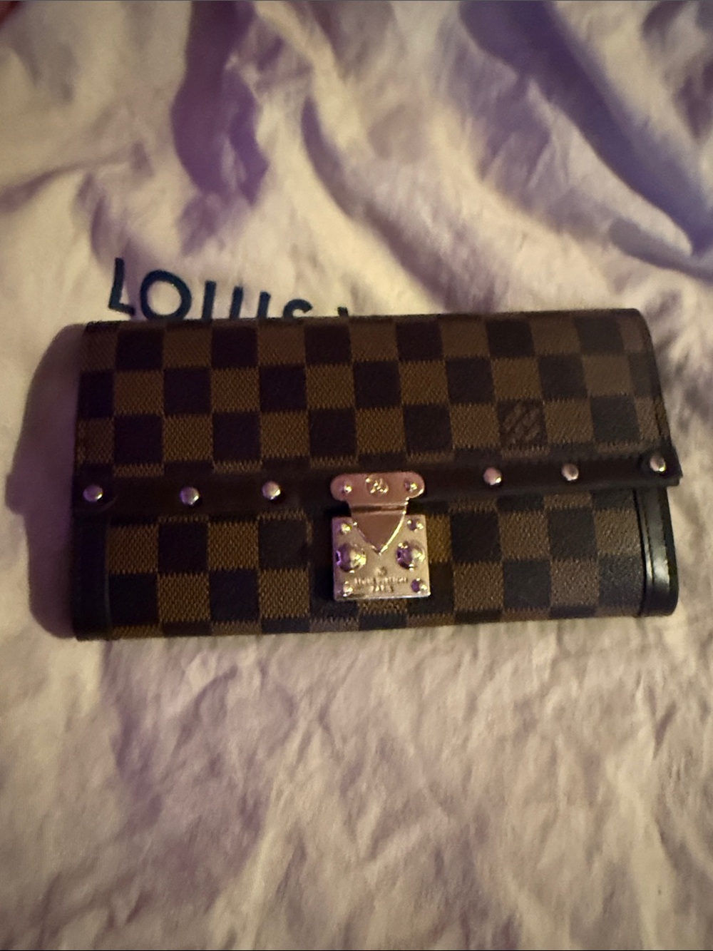 LV Damier Ebene Checkered Wallet with Gold Hardware